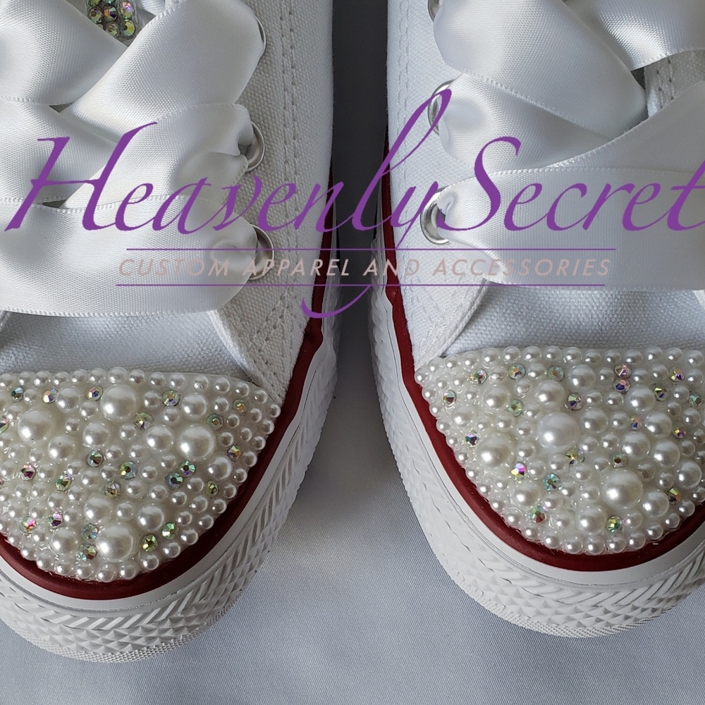 Custom Blinged Low Top White Converse All Stars